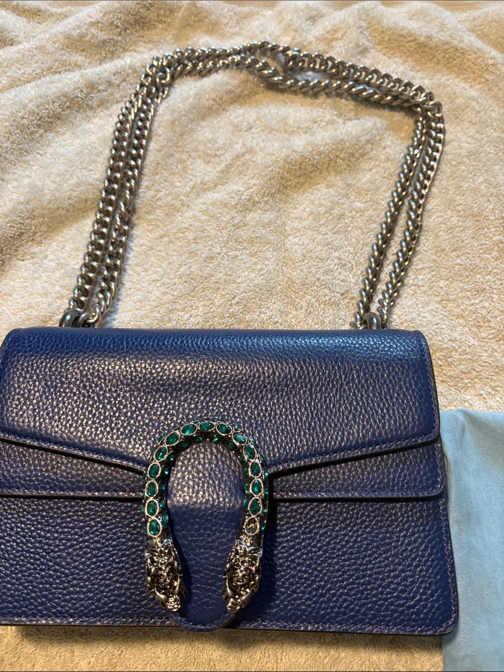 Tiffany and Fred Pebbled Blue Shoulder Bag with Gem-Embellished Horseshoe Accent
